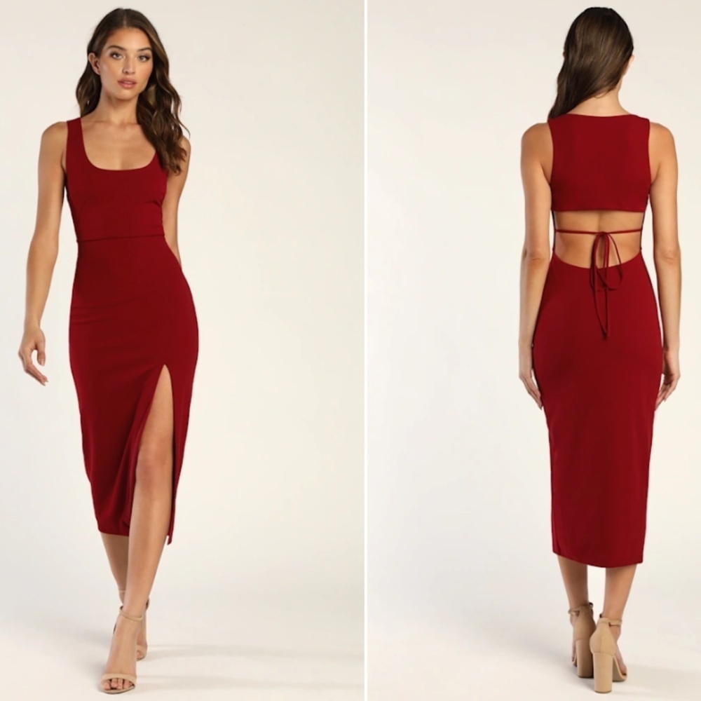 Lulu's Burgundy Cutout Midi Dress with Front Slit